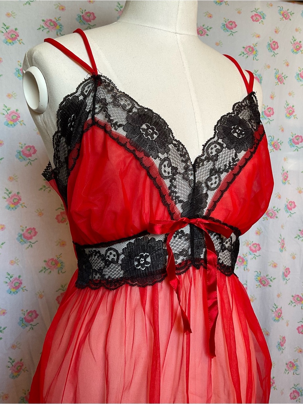 Vintage Sheer Red Dress with Black Lace Trim - Women Intimates